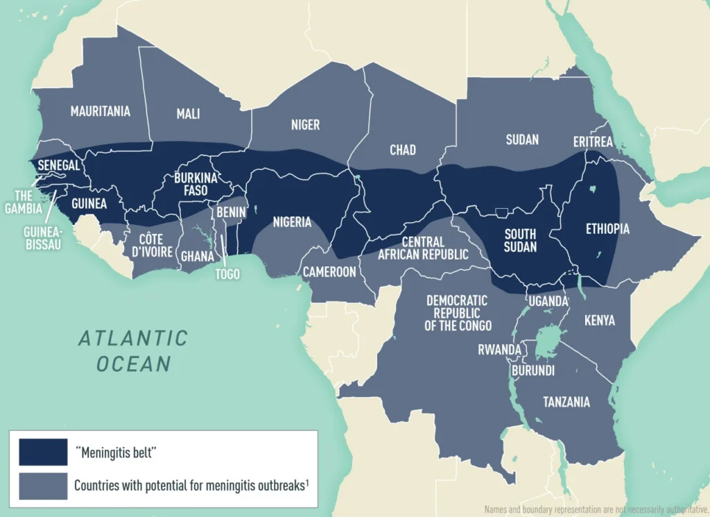 Map of the meningitis belt across sub-Saharan Africa showing countries at risk for meningococcal meningitis epidemics